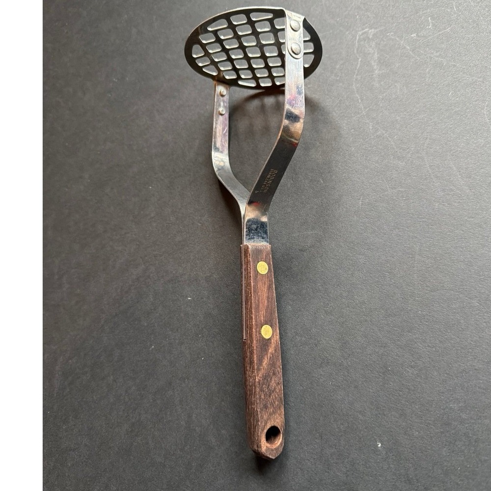 Robinson Stainless USA Potato Masher Vintage Wood Handle Brass Rivets 9.5 Inch